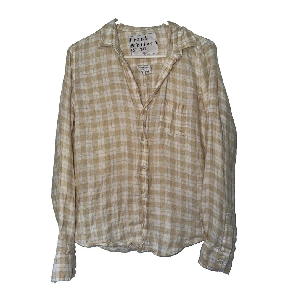 Frank & Eileen Barry Linen Plaid Button Shirt Small Beige Italian Made Women